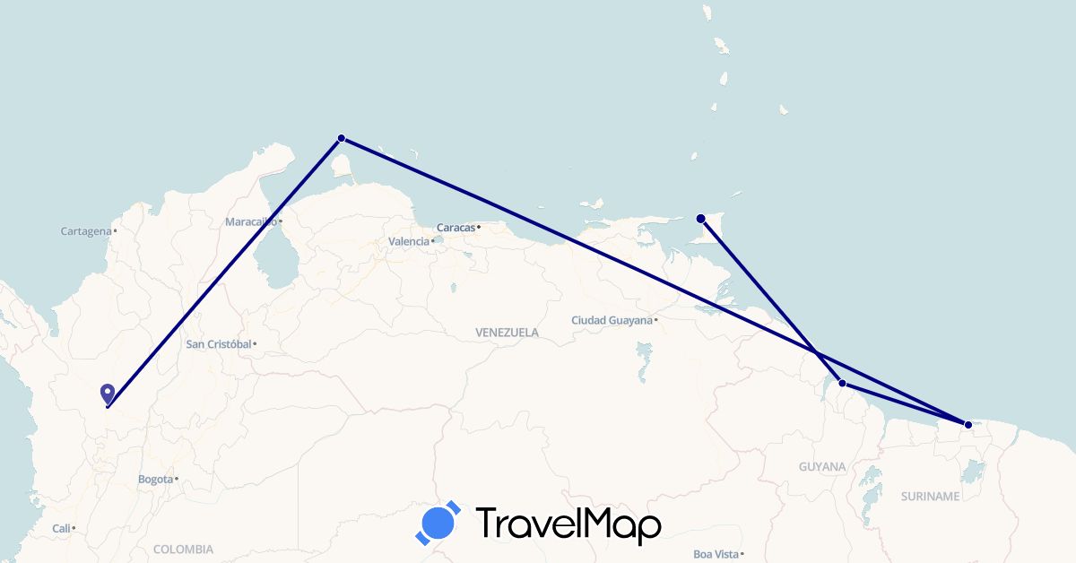 TravelMap itinerary: driving in Colombia, Guyana, Netherlands, Suriname, Trinidad and Tobago (Europe, North America, South America)